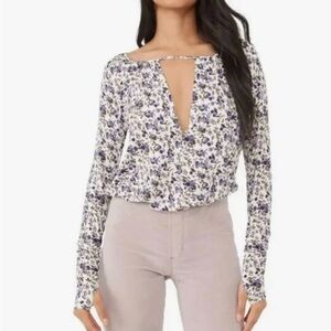 Free People Intimately Kaya Print Cutout Bodysuit Blue Micro Floral Fairy